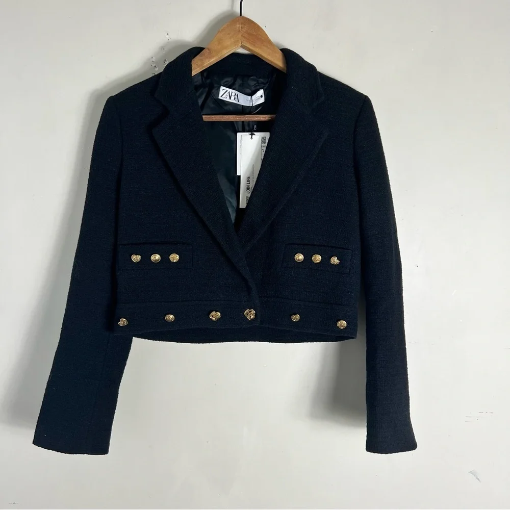 ZARA NEW Women’s CROPPED BUTTONED Textured Tweed BLAZER JACKET BLACK Size Small - Picture 9 of 16